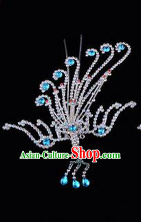Chinese Ancient Peking Opera Hair Accessories Young Lady Diva Blue Phoenix Hairpins, Traditional Chinese Beijing Opera Hua Tan Colorful Crystal Head Ornaments