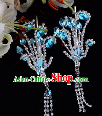Chinese Ancient Peking Opera Hair Accessories Young Lady Diva Blue Tassel Phoenix Hairpins, Traditional Chinese Beijing Opera Hua Tan Colorful Crystal Head Ornaments