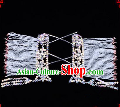 Chinese Ancient Peking Opera Hair Accessories Young Lady Diva Colorful Crystal Hairpins White Temples Curtain, Traditional Chinese Beijing Opera Hua Tan Head Ornaments