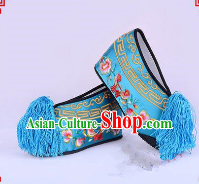 Chinese Ancient Peking Opera Young Lady Bride Embroidered Flowers Hua Tan Shoes, Traditional China Beijing Opera Princess Wedding Blue Embroidered Increase Shoes