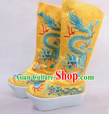 Chinese Ancient Peking Opera King Embroidered Dragon High Leg Boots, Traditional China Beijing Opera Emperor Yellow Embroidered High Sole Shoes