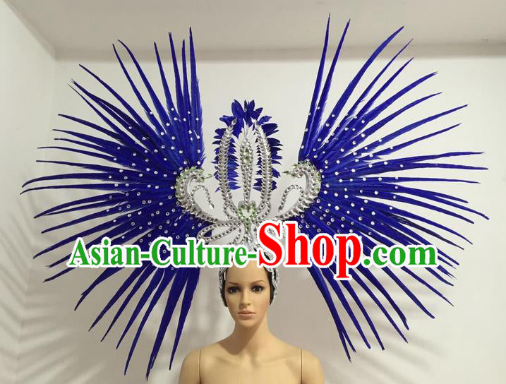 Top Grade Professional Stage Show Giant Headpiece Parade Hair Accessories Decorations, Brazilian Rio Carnival Samba Opening Dance Royalblue Feather Headdress for Women