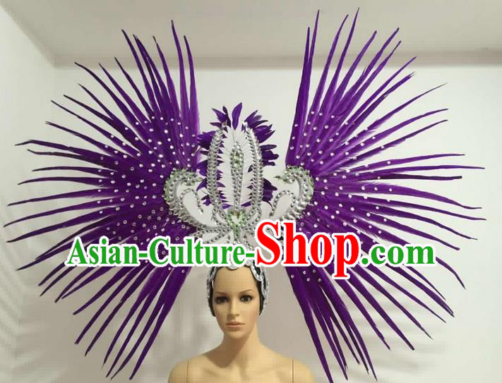 Top Grade Professional Stage Show Giant Headpiece Parade Hair Accessories Decorations, Brazilian Rio Carnival Samba Opening Dance Purple Feather Headdress for Women