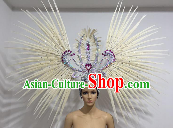 Top Grade Professional Stage Show Giant Headpiece Parade Hair Accessories Decorations, Brazilian Rio Carnival Samba Opening Dance White Feather Headdress for Women