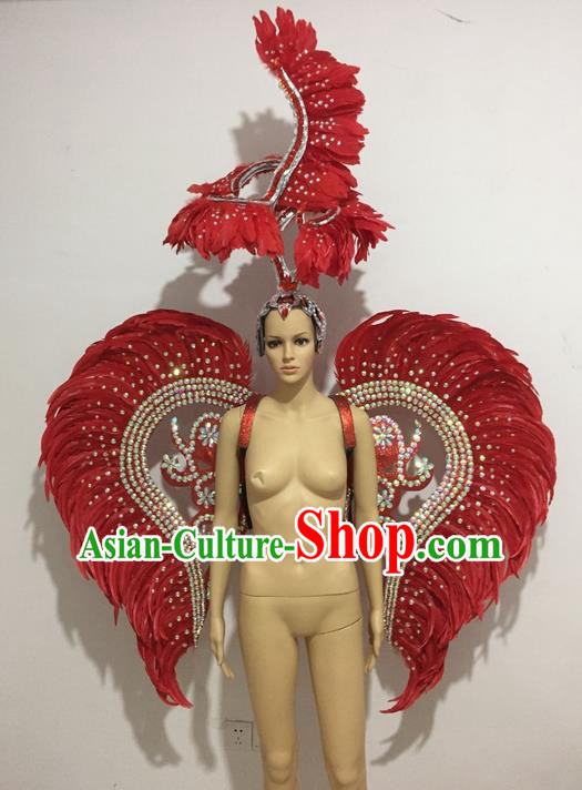 Top Grade Professional Stage Show Halloween Props Wings and Headpiece, Brazilian Rio Carnival Parade Samba Opening Dance Red Feather Backplane for Women
