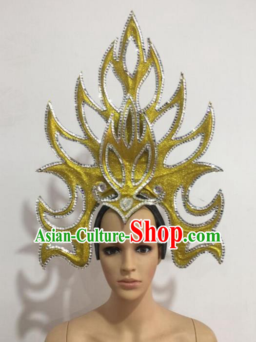 Top Grade Professional Stage Show Giant Headpiece Parade Hair Accessories Decorations, Brazilian Rio Carnival Samba Opening Dance Golden Headwear for Women