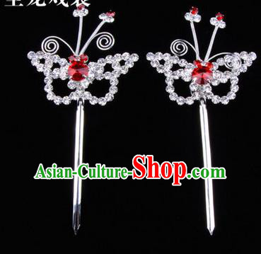 Chinese Ancient Peking Opera Hair Accessories Young Lady Diva Butterfly Headwear, Traditional Chinese Beijing Opera Head Ornaments Hua Tan Red Crystal Hairpins