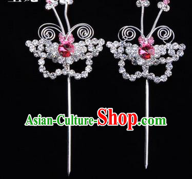 Chinese Ancient Peking Opera Hair Accessories Young Lady Diva Butterfly Pink Headwear, Traditional Chinese Beijing Opera Head Ornaments Hua Tan Crystal Hairpins