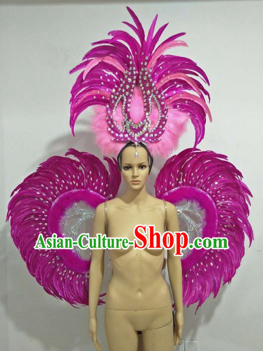 Top Grade Professional Stage Show Halloween Parade Props Decorations Wings and Headpiece, Brazilian Rio Carnival Parade Samba Dance Catwalks Rosy Feather Backplane for Women