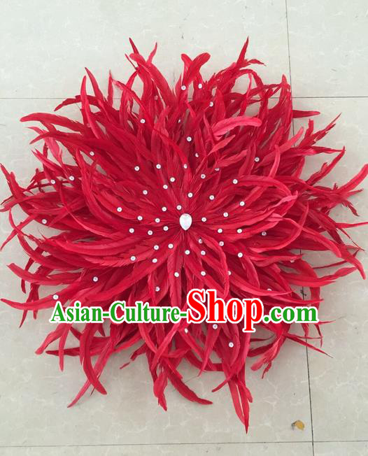 Top Grade Professional Stage Show Halloween Parade Red Feather Hair Accessories, Brazilian Rio Carnival Parade Samba Dance Catwalks Headpiece for Women