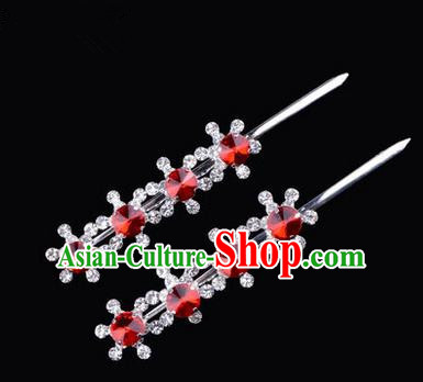 Chinese Ancient Peking Opera Hair Accessories Young Lady Diva Head Ornaments, Traditional Chinese Beijing Opera Hua Tan Red Crystal Four Beads Hairpins