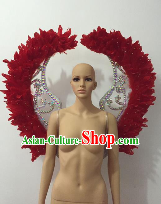 Top Grade Professional Stage Show Halloween Parade Props Decorations Red Feather Deluxe Wings, Brazilian Rio Carnival Parade Samba Dance Backplane for Women