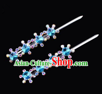 Chinese Ancient Peking Opera Hair Accessories Young Lady Diva Head Ornaments, Traditional Chinese Beijing Opera Hua Tan Blue Colorful Crystal Four Beads Hairpins