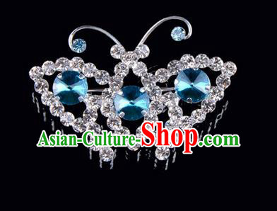 Chinese Ancient Peking Opera Jewelry Accessories Young Lady Diva Butterfly Brooch, Traditional Chinese Beijing Opera Hua Tan Blue Crystal Breastpin