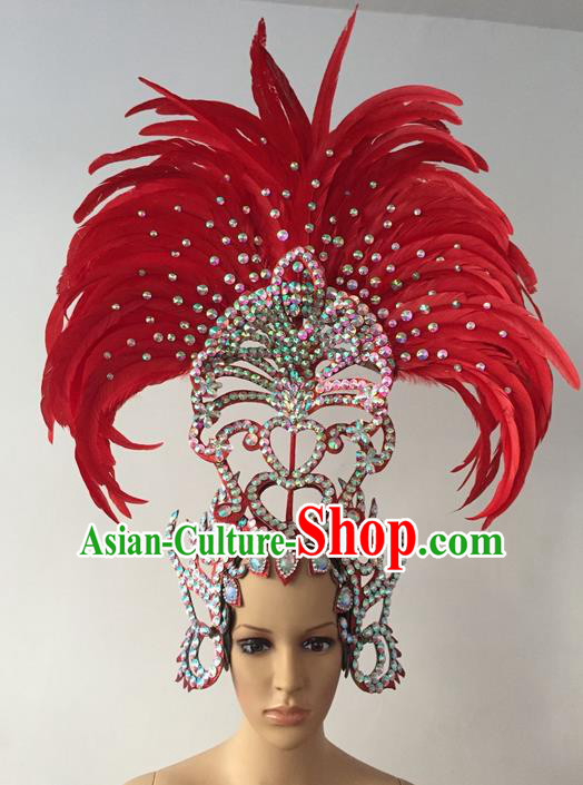 Top Grade Professional Stage Show Halloween Parade Red Feather Extravagant Hair Accessories, Brazilian Rio Carnival Parade Samba Dance Catwalks Headwear for Women
