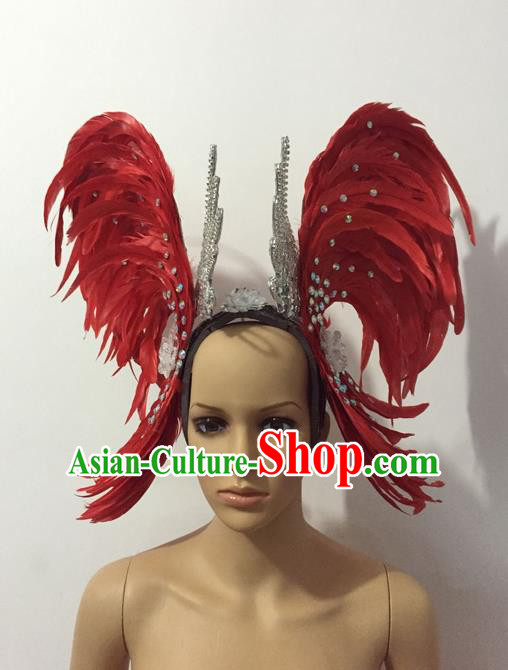 Top Grade Professional Stage Show Halloween Parade Red Feather Brazilian Rio Carnival Parade Samba Dance Exaggerated Hair Accessories Headpiece for Women