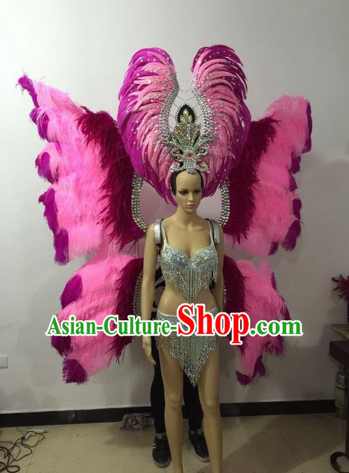 Top Grade Professional Performance Catwalks Bikini Butterfly Wings Costume and Headpiece, Traditional Brazilian Rio Carnival Samba Modern Fancywork Pink Feather Swimsuit for Women