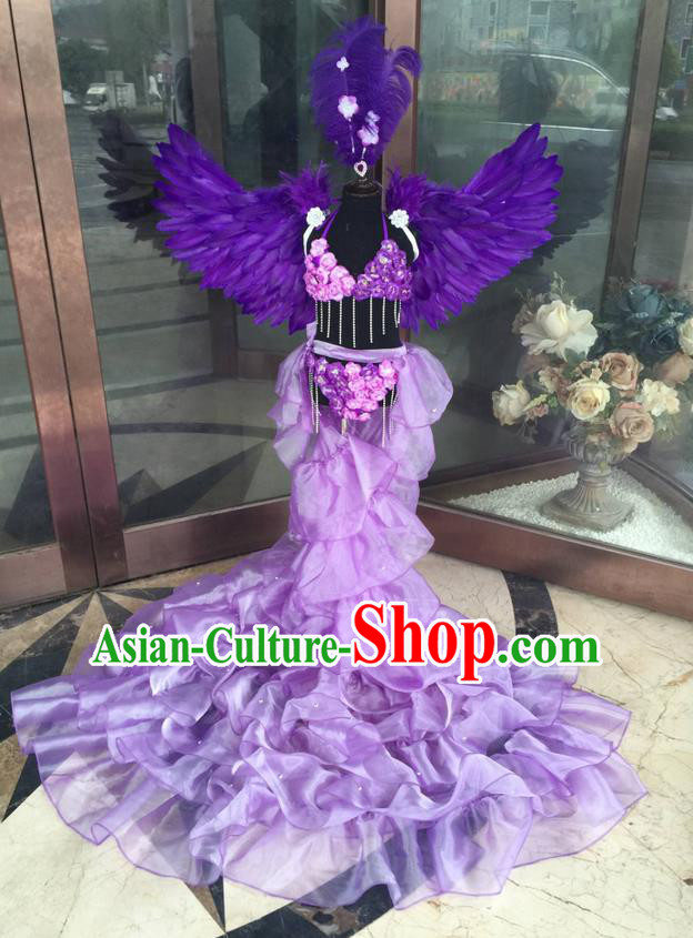 Top Grade Professional Performance Catwalks Bikini Costume and Headpiece, Traditional Brazilian Rio Carnival Samba Modern Fancywork Purple Feather Trailing Swimsuit for Kids