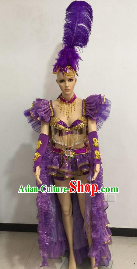 Top Grade Professional Performance Catwalks Purple Bikini Costume and Feather Headwear, Traditional Brazilian Rio Carnival Samba Dance Modern Fancywork Clothing for Women