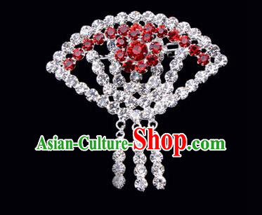 Chinese Ancient Peking Opera Jewelry Accessories Young Lady Diva Sector Brooch, Traditional Chinese Beijing Opera Hua Tan Red Crystal Breastpin