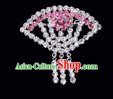 Chinese Ancient Peking Opera Jewelry Accessories Young Lady Diva Sector Brooch, Traditional Chinese Beijing Opera Hua Tan Pink Crystal Breastpin