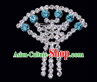 Chinese Ancient Peking Opera Jewelry Accessories Young Lady Diva Sector Brooch Collar Button, Traditional Chinese Beijing Opera Hua Tan Blue Crystal Breastpin