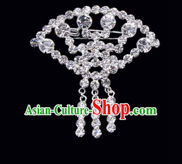 Chinese Ancient Peking Opera Jewelry Accessories Young Lady Diva Sector Brooch Collar Button, Traditional Chinese Beijing Opera Hua Tan White Crystal Breastpin