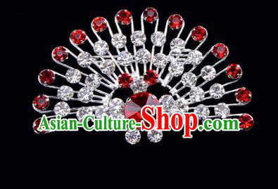 Chinese Ancient Peking Opera Jewelry Accessories Young Lady Diva Peacock Brooch Collar Button, Traditional Chinese Beijing Opera Hua Tan Red Crystal Breastpin