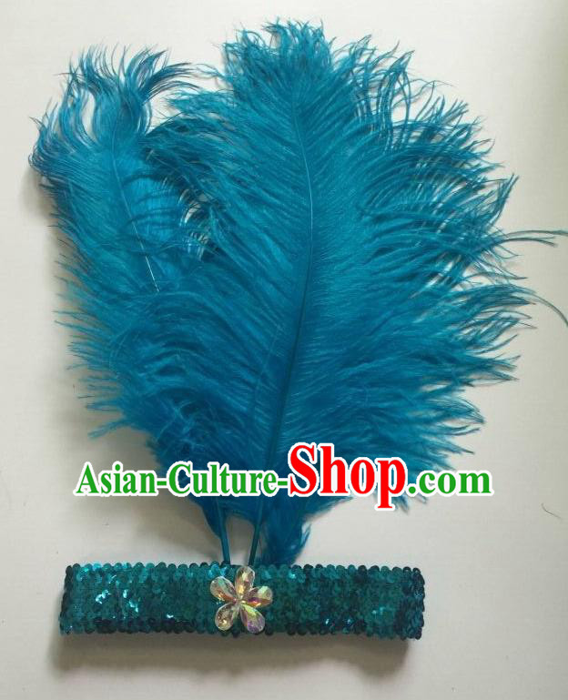 Top Grade Professional Stage Show Halloween Parade Blue Ostrich Feather Hair Accessories, Brazilian Rio Carnival Samba Dance Modern Fancywork Headwear for Women