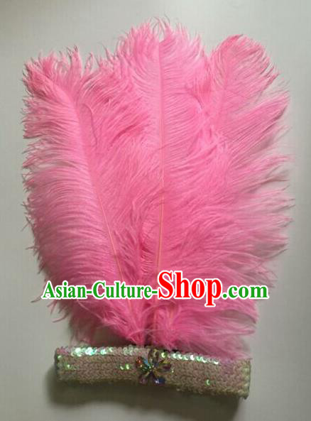 Top Grade Professional Stage Show Halloween Parade Pink Ostrich Feather Hair Accessories, Brazilian Rio Carnival Samba Dance Modern Fancywork Headwear for Women