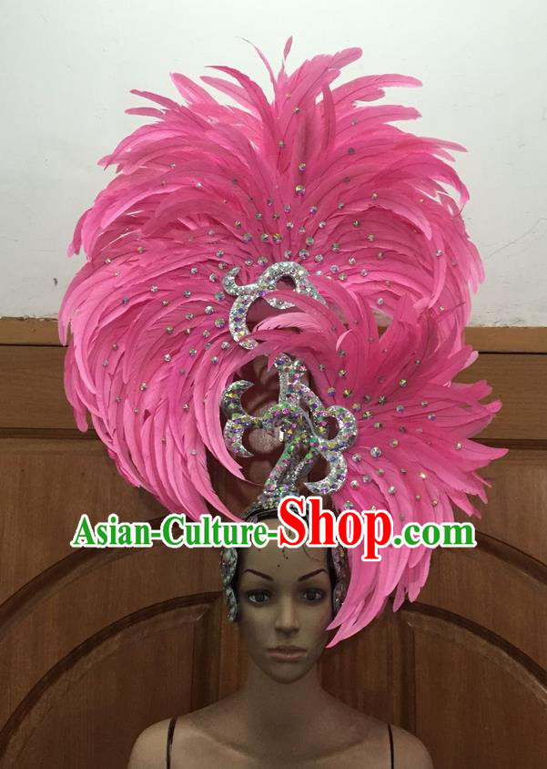 Top Grade Professional Stage Show Halloween Parade Big Hair Accessories, Brazilian Rio Carnival Samba Dance Modern Fancywork Pink Feather Giant Headpiece for Kids