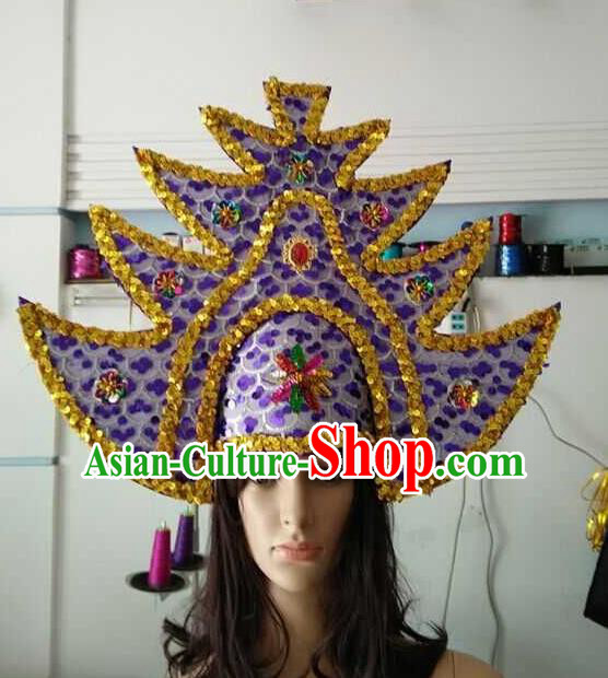 Top Grade Brazilian Rio Carnival Samba Dance Purple Hair Accessories Headpiece, Halloween Parade Headwear for Women