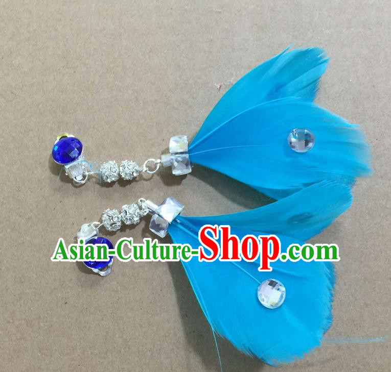 Top Grade Brazilian Rio Carnival Samba Dance Accessories Earrings, Halloween Parade Blue Feather Eardrop for Women