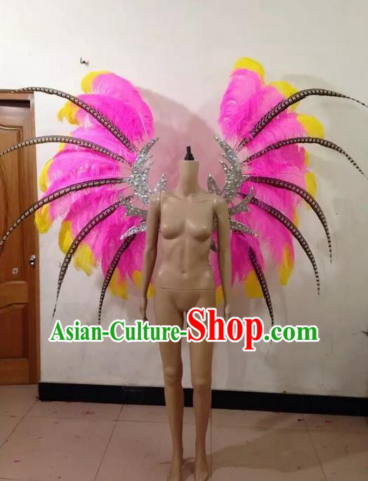 Top Grade Compere Professional Performance Catwalks Pink Feathers Wings and Headwear, Brazilian Rio Carnival Samba Opening Dance Modern Fancywork Feather Decorations for Women