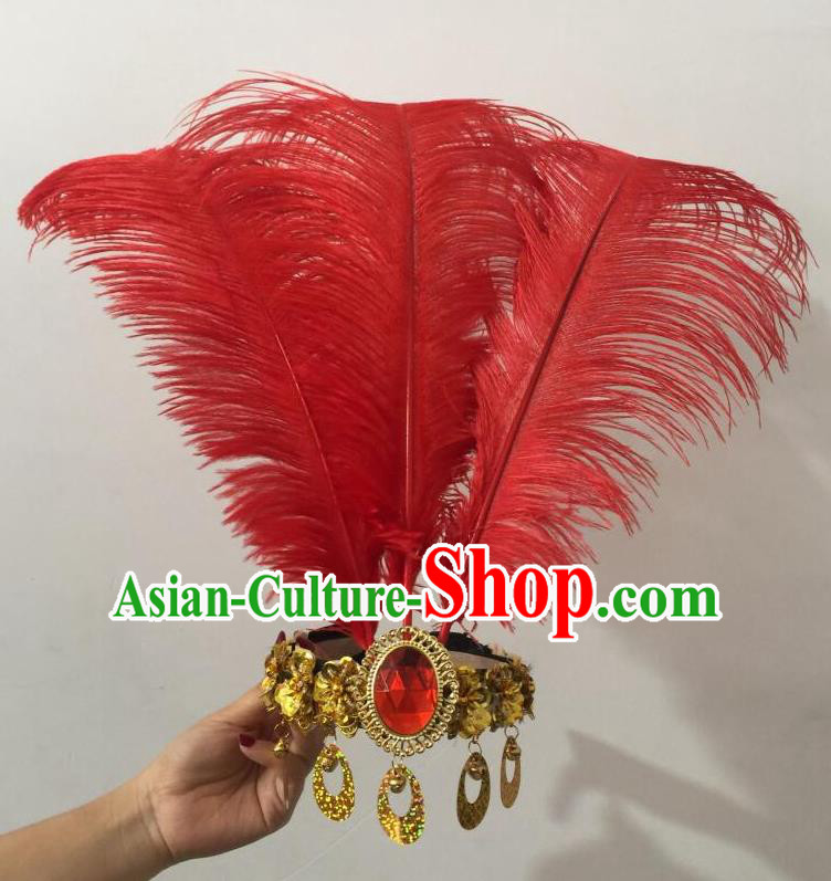 Top Grade Professional Performance Catwalks Halloween Red Feathers Head Decorations Headpiece, Brazilian Rio Carnival Parade Samba Dance Headwear for Women
