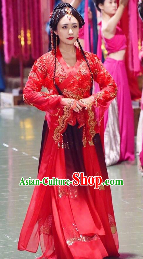 Traditional Ancient Chinese Warring States Period Palace Lady Dance Costume, Song of Phoenix Chu Dynasty Imperial Concubine Embroidered Clothing and Headpiece Complete Set