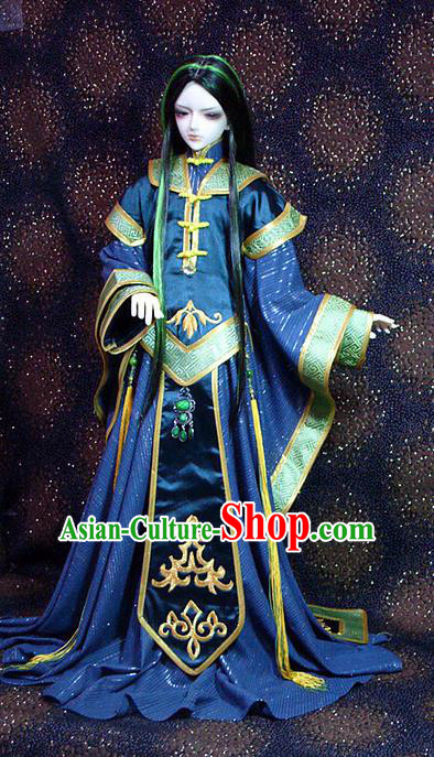 Top Grade Traditional China Ancient Cosplay Swordsman Blue Costumes Complete Set, China Ancient Taoist Royal Highness Hanfu Robe Clothing for Men for Kids