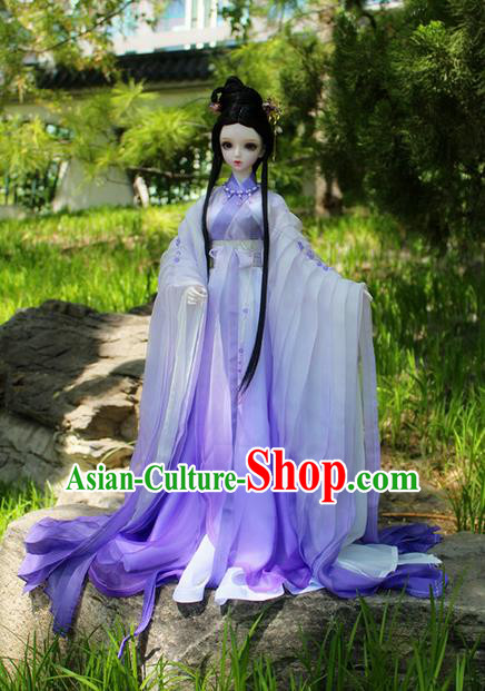Top Grade Traditional China Ancient Female Fairy Costumes Complete Set, China Ancient Cosplay Tang Dynasty Princess Purple Dress Hanfu Clothing for Adults and Kids