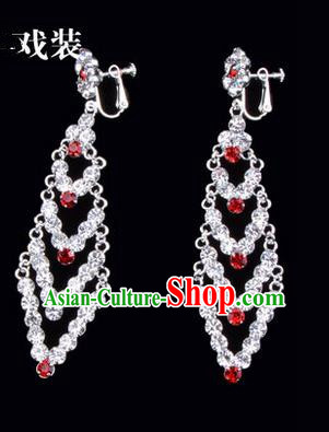 Chinese Ancient Peking Opera Head Accessories Young Lady Diva Colorful Crystal Red Rhombus Earrings, Traditional Chinese Beijing Opera Hua Tan Ear Pendants