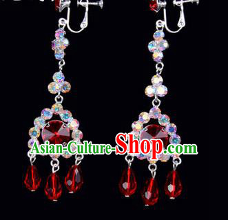 Chinese Ancient Peking Opera Head Accessories Young Lady Diva Colorful Crystal Red Tassel Earrings, Traditional Chinese Beijing Opera Hua Tan Ear Pendants