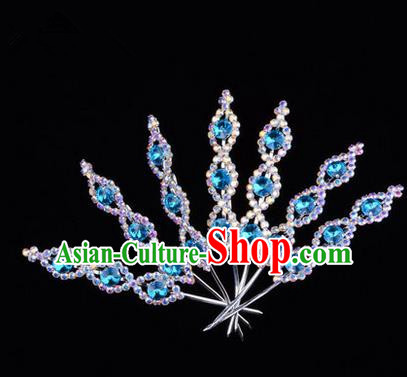 Chinese Ancient Peking Opera Head Accessories Young Lady Diva Crystal Headwear Blue Hairpins, Traditional Chinese Beijing Opera Hua Tan Head-ornaments