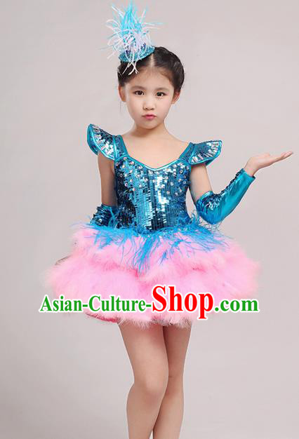Top Grade Chinese Professional Performance Jazz Dance Costume, Children Modern Dance Feather Blue Bubble Dress for Kids