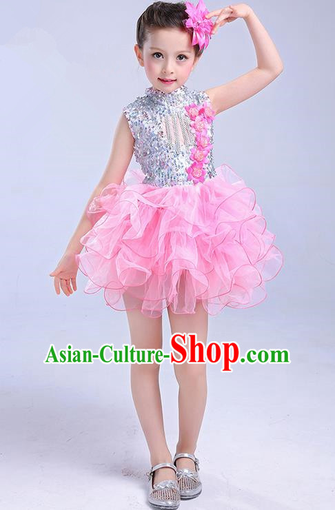 Top Grade Chinese Professional Performance Jazz Dance Costume, Children Modern Dance Pink Bubble Dress for Kids
