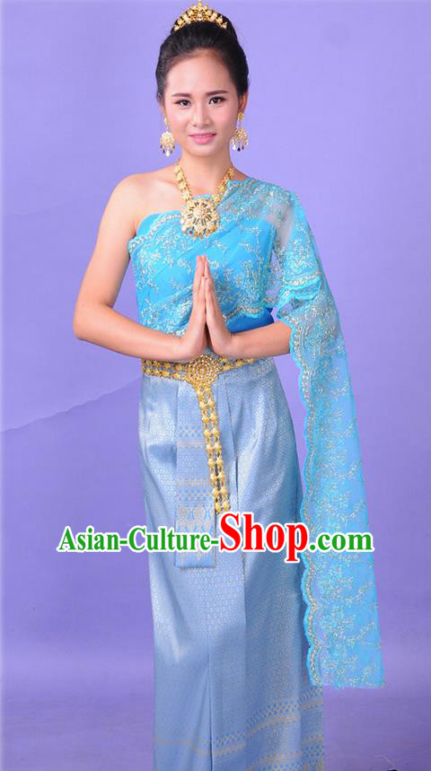 Traditional Thailand Ancient Handmade Princess Costumes, Traditional Thai China Dai Nationality Bride Wedding Blue Dress Clothing for Women
