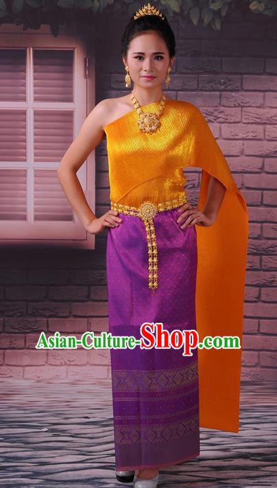 Traditional Thailand Ancient Handmade Female Costumes, Traditional Thai China Dai Nationality Wedding Bride Purple Dress Clothing for Women