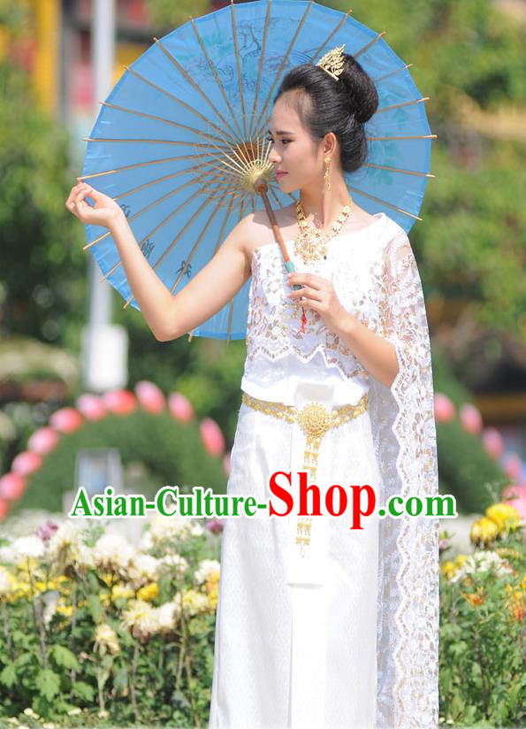Traditional Thailand Ancient Handmade Female Princess Costumes, Traditional Thai China Dai Nationality Wedding White Lace Dress Clothing for Women