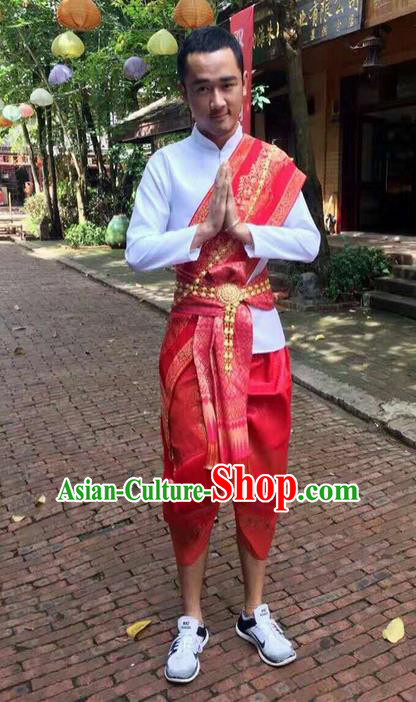 Traditional Thailand Ancient Handmade Male Costumes, Traditional Thai Uniform China Dai Nationality Red Clothing for Men