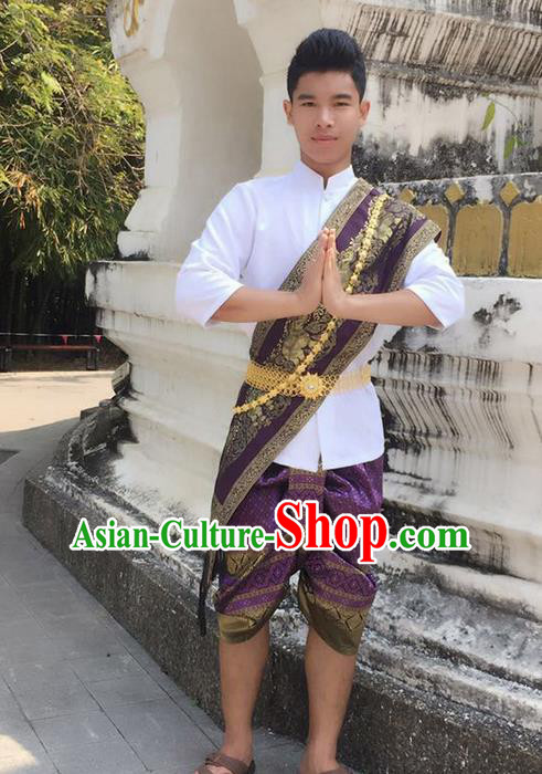 Traditional Thailand Ancient Handmade Male Costumes, Traditional Thai Uniform China Dai Nationality Purple Clothing for Men
