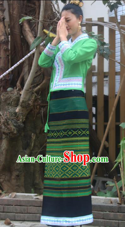 Traditional Thailand Ancient Handmade Female Costumes, Traditional Thai Uniform China Dai Nationality Dark Green Dress Clothing for Women