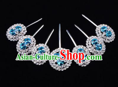 Chinese Ancient Peking Opera Head Accessories Young Lady Diva Crystal Blue Hairpins Complete Set, Traditional Chinese Beijing Opera Hua Tan Hair Clasp Head-ornaments
